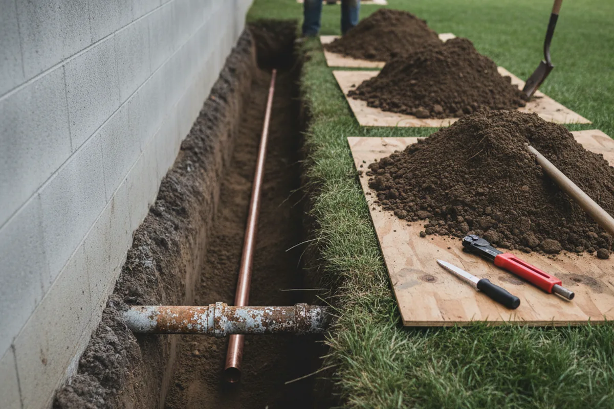 Excavated water line trench during Sewer Line Repair in Walla Walla